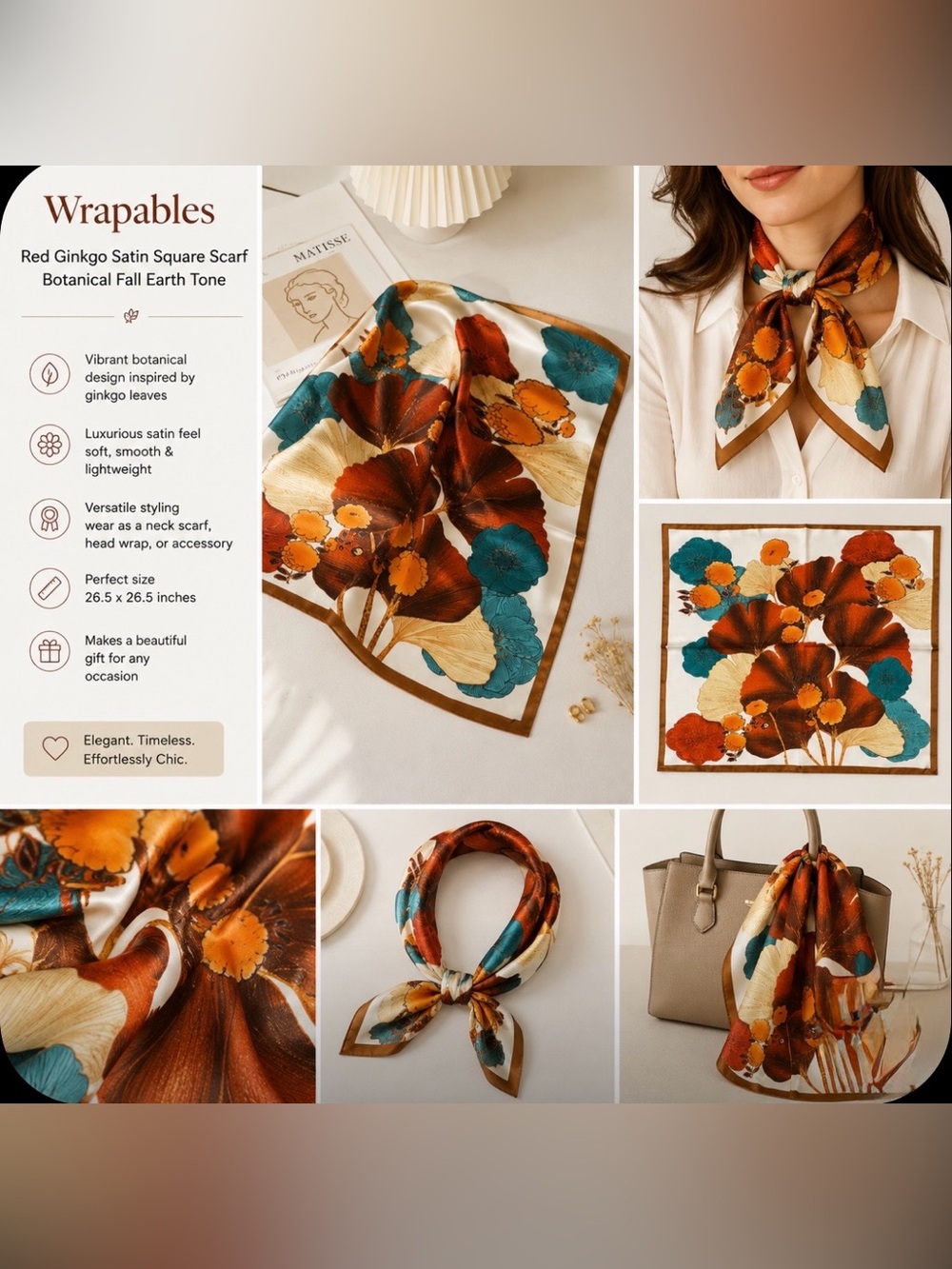 Wrapables Red Ginkgo Satin square scarf botanical fall Earth Tone